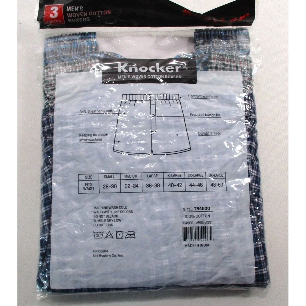 Knocker Men's 3 pair of Plaid 100% Cotton Boxer Shorts Underwear size L NEW